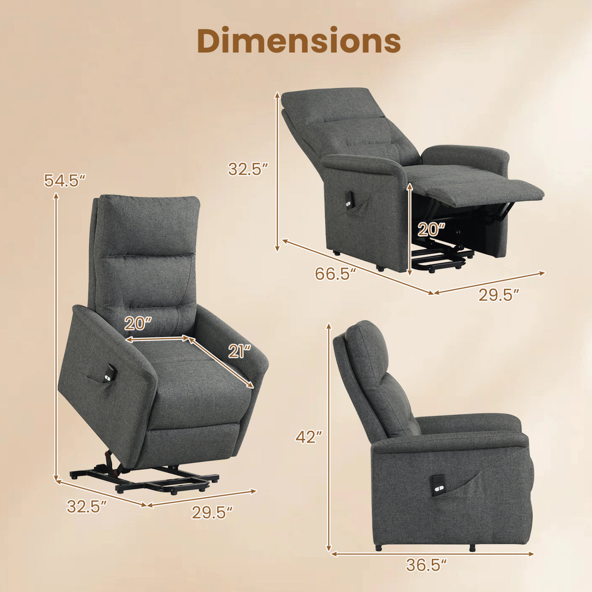 Power Lift Recliner Chair for Elderly with Remote Control and Side Storage Pocket-Gray