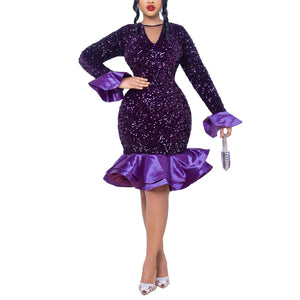 Cololura Women Elegant Sexy Sequin Ruffle Long Sleeve Bodycon Mermaid Cocktail Formal Party Ball Gown Midi Dress Purple