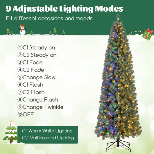 6.5/7.5 Feet Pre-Lit Blue Artificial Christmas Tree Slim with 9 Lighting Modes-9 ft
