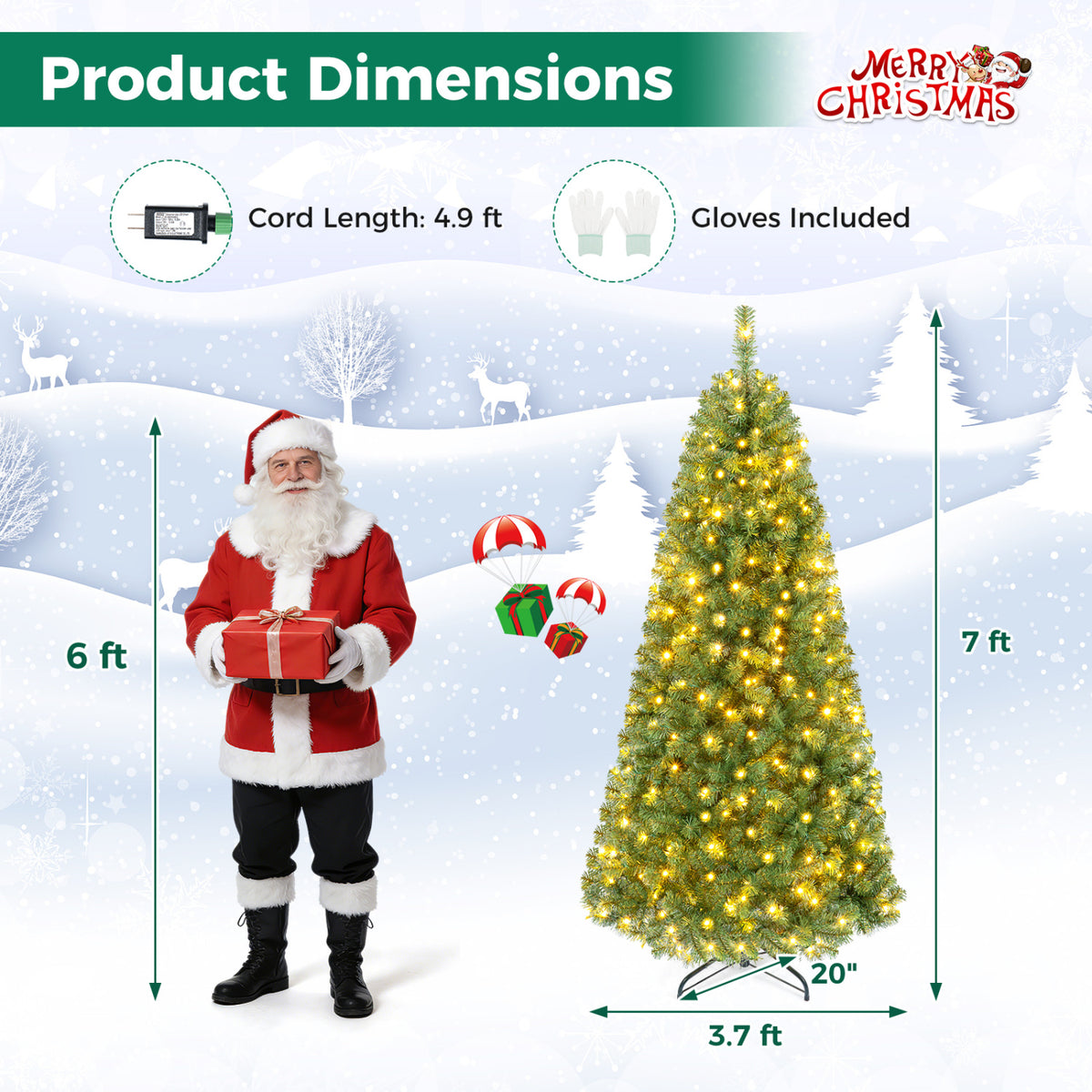 Pre-Lit Green Artificial Christmas Tree with Full Branch Tips-7 Feet