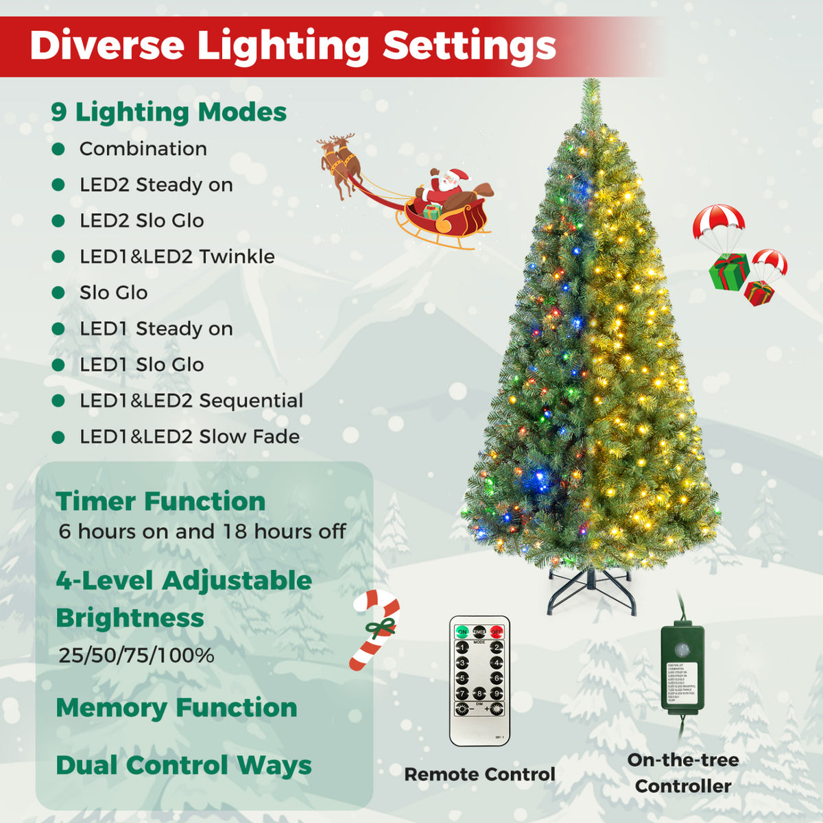 Pre-Lit Green Artificial Christmas Tree with Full Branch Tips-7 Feet