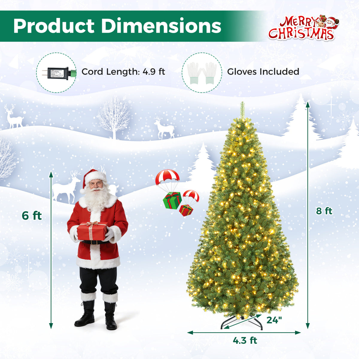 Pre-Lit Green Artificial Christmas Tree with Full Branch Tips-8 Feet