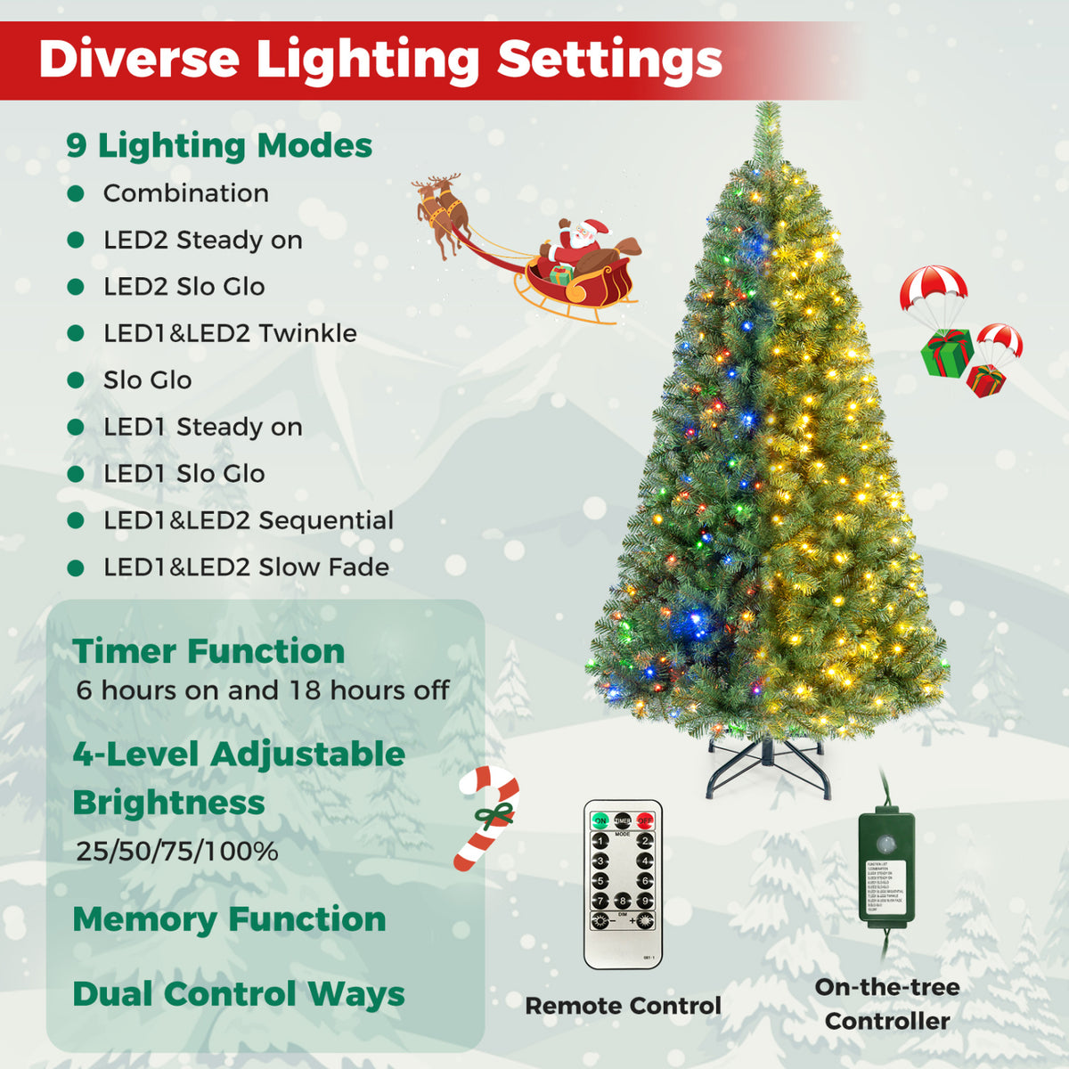 Pre-Lit Green Artificial Christmas Tree with Full Branch Tips-8 Feet