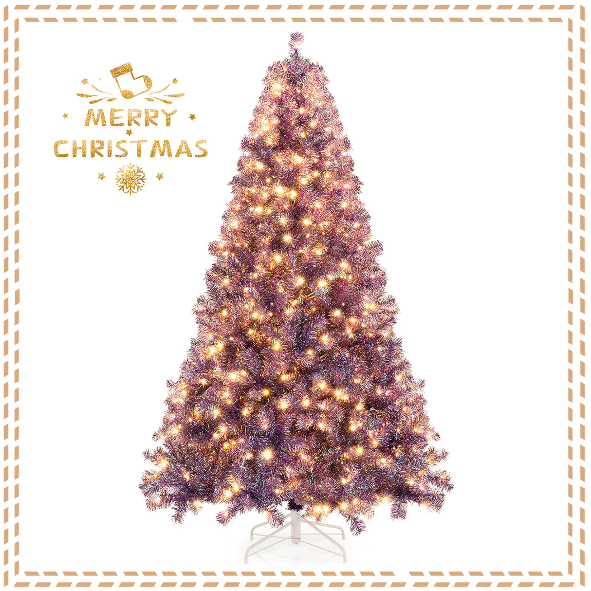 Pre-Lit Tinsel Christmas Tree Artificial Xmas Tree with Lush Branch Tips and Warm White LED Lights-7.5ft