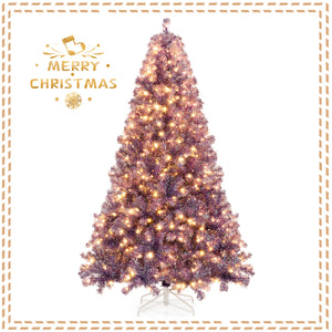 Pre-Lit Tinsel Christmas Tree Artificial Xmas Tree with Lush Branch Tips and Warm White LED Lights-7.5ft