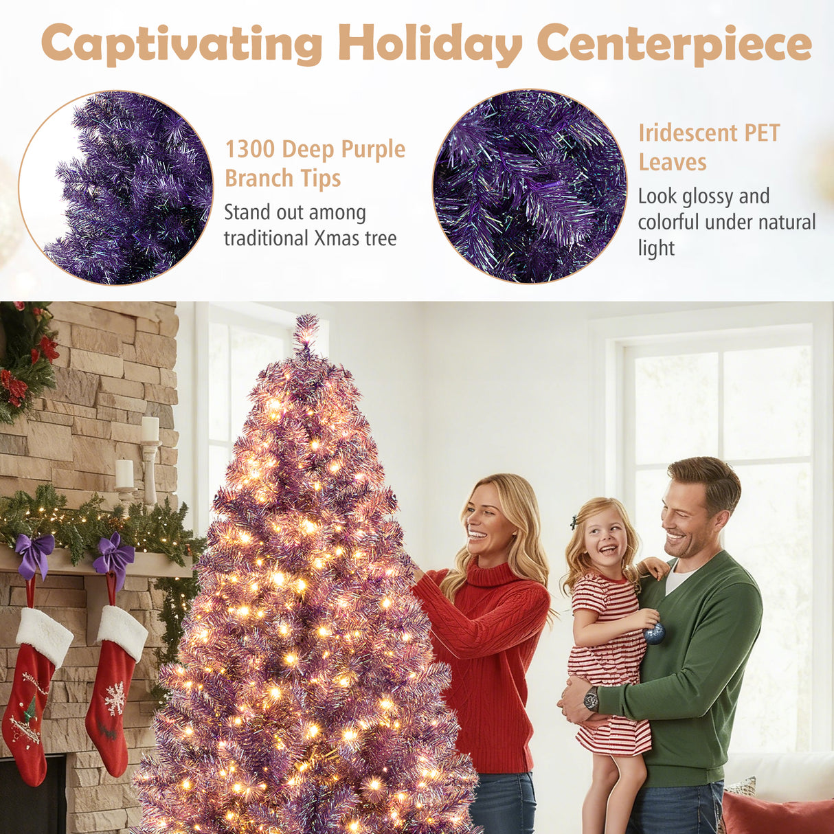 Pre-Lit Tinsel Christmas Tree Artificial Xmas Tree with Lush Branch Tips and Warm White LED Lights-7.5ft