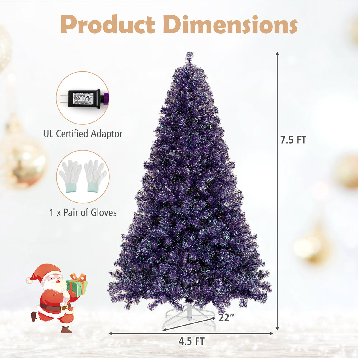 Pre-Lit Tinsel Christmas Tree Artificial Xmas Tree with Lush Branch Tips and Warm White LED Lights-7.5ft
