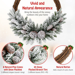 Pre-lit Snow Flocked Artificial Christmas Wreath with 8 Pine Cones and 35 LED Lights
