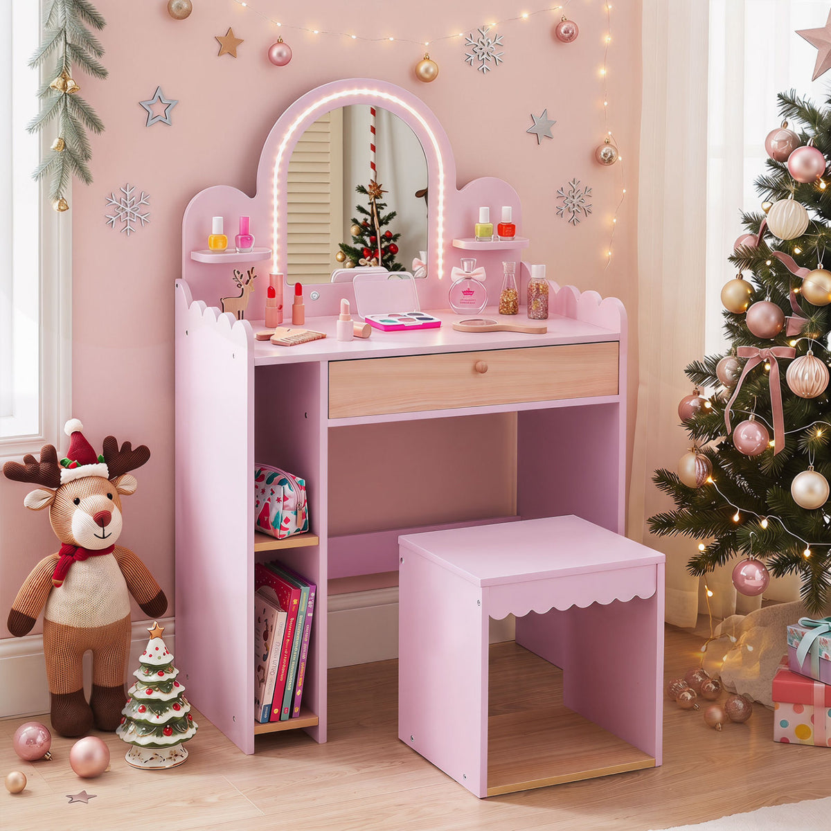 Pretend Makeup Dressing Table Set with 2 Small Shelves and Compartments-Pink