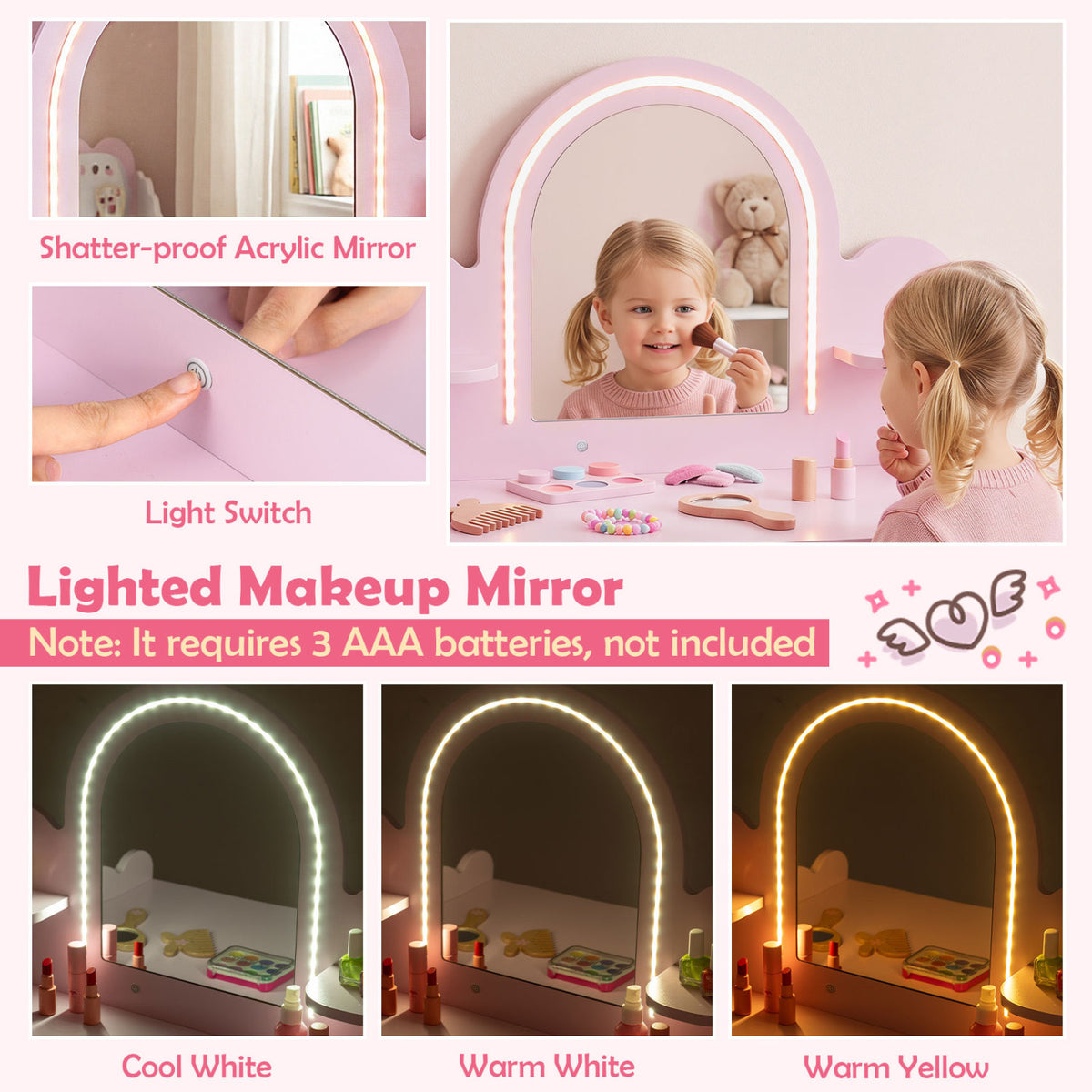 Pretend Makeup Dressing Table Set with 2 Small Shelves and Compartments-Pink
