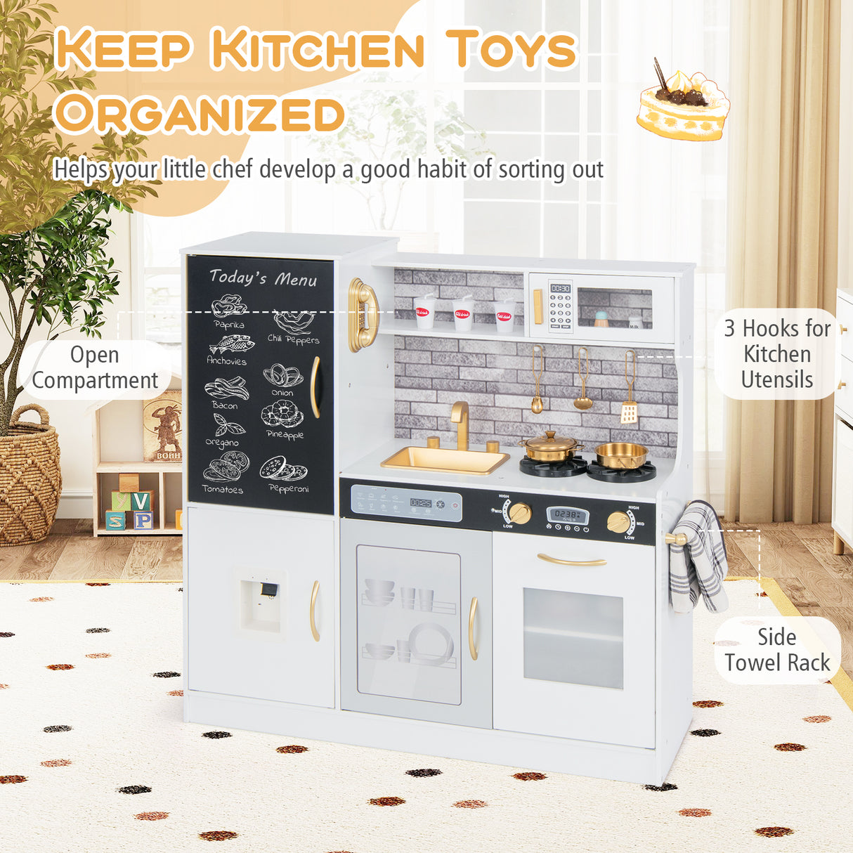 Pretend Play Kitchen with Utensils for Kids Aged 3+-White