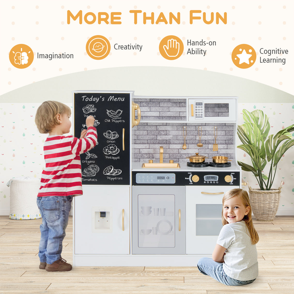 Pretend Play Kitchen with Utensils for Kids Aged 3+-White