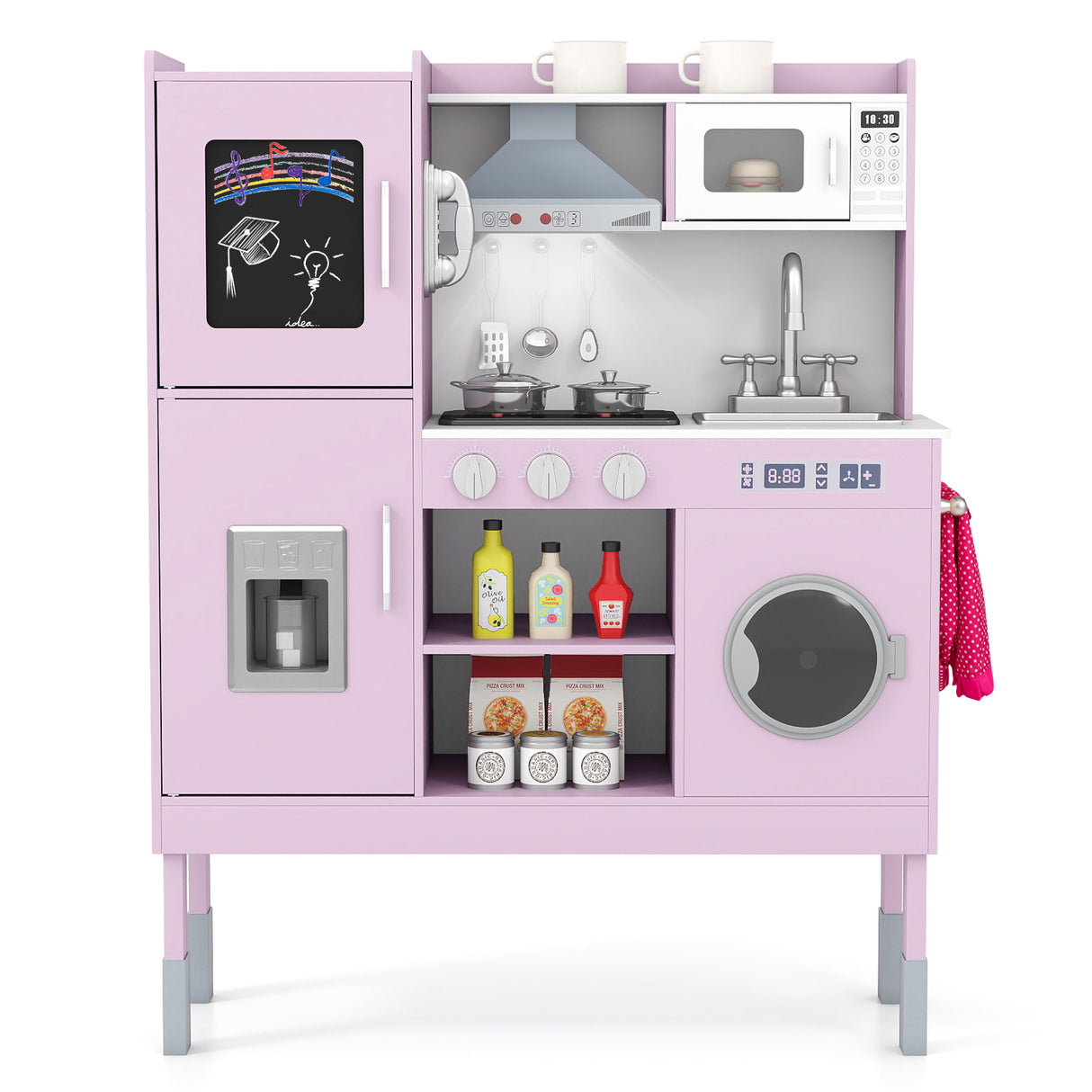 Pretend Play Kitchen Toy Kitchen Playset with Range Hood Ice Maker and Telephone-Pink