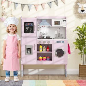Pretend Play Kitchen Toy Kitchen Playset with Range Hood Ice Maker and Telephone-Pink