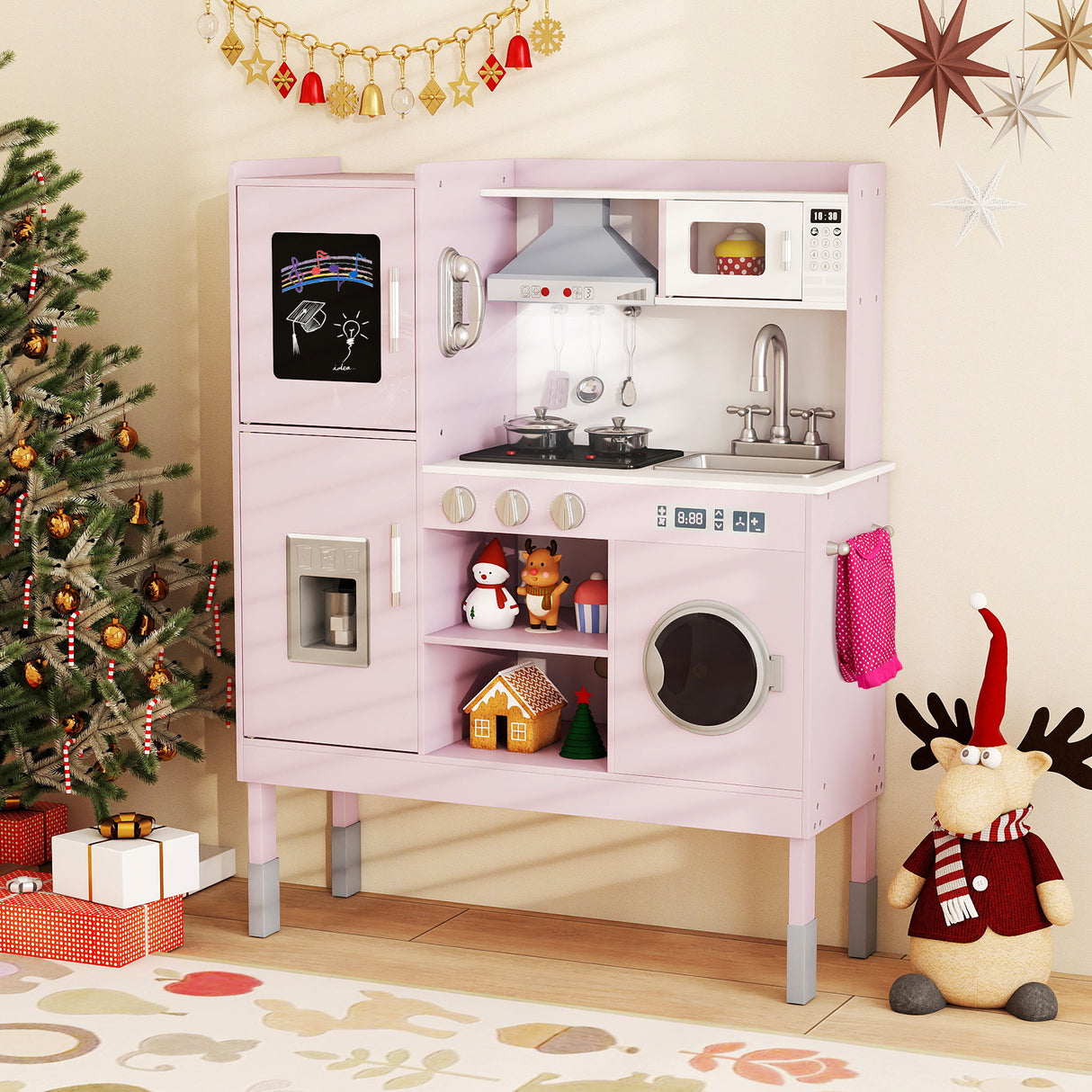 Pretend Play Kitchen Toy Kitchen Playset with Range Hood Ice Maker and Telephone-Pink