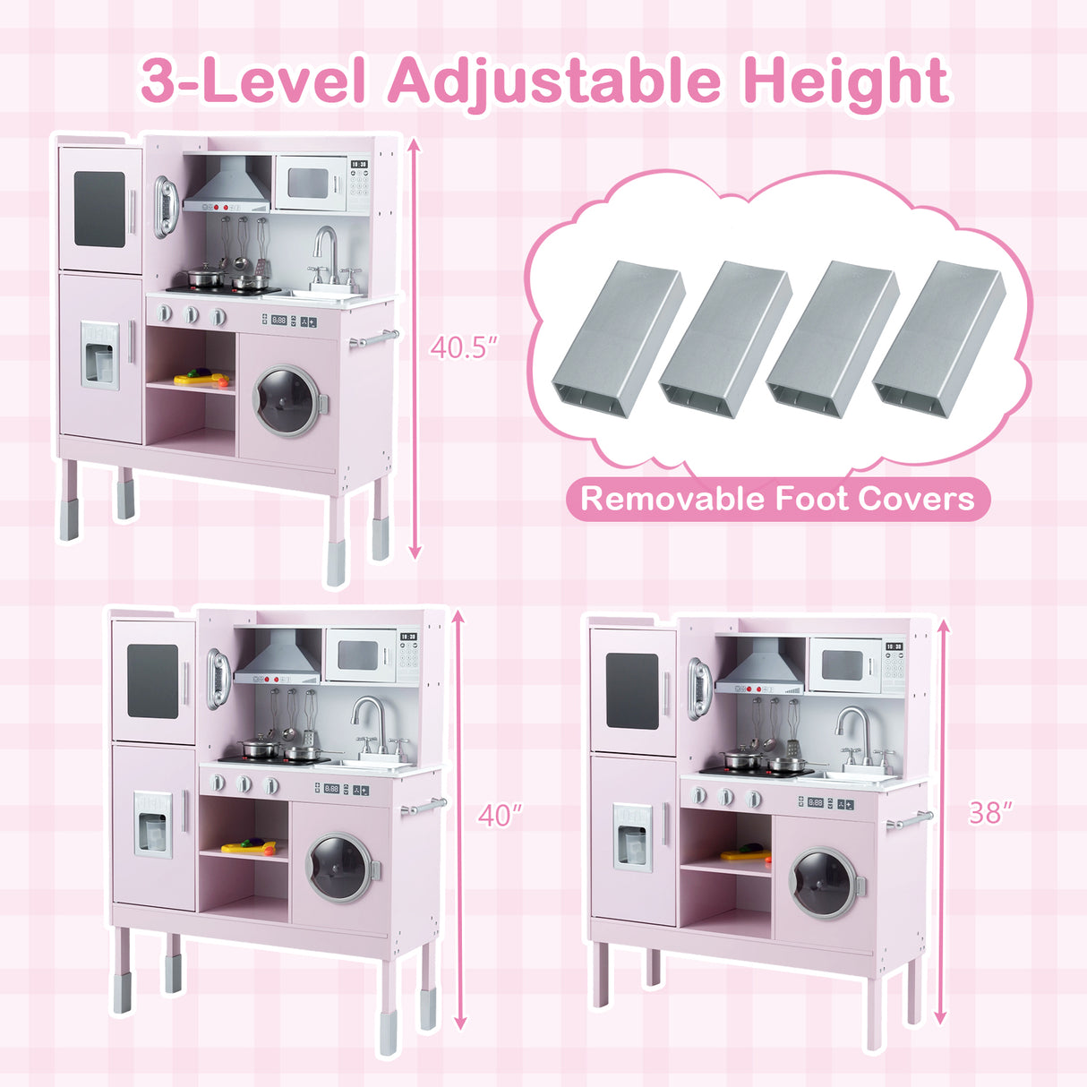 Pretend Play Kitchen Toy Kitchen Playset with Range Hood Ice Maker and Telephone-Pink