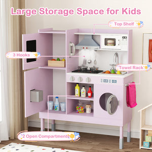 Pretend Play Kitchen Toy Kitchen Playset with Range Hood Ice Maker and Telephone-Pink