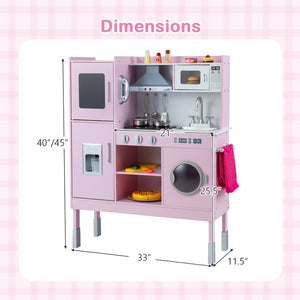 Pretend Play Kitchen Toy Kitchen Playset with Range Hood Ice Maker and Telephone-Pink