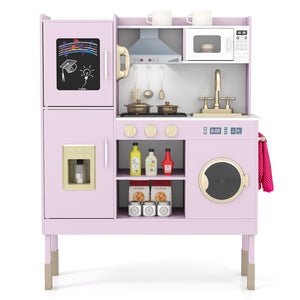 Pretend Play Kitchen Toy Kitchen Playset with Range Hood Ice Maker and Telephone-Light Pink