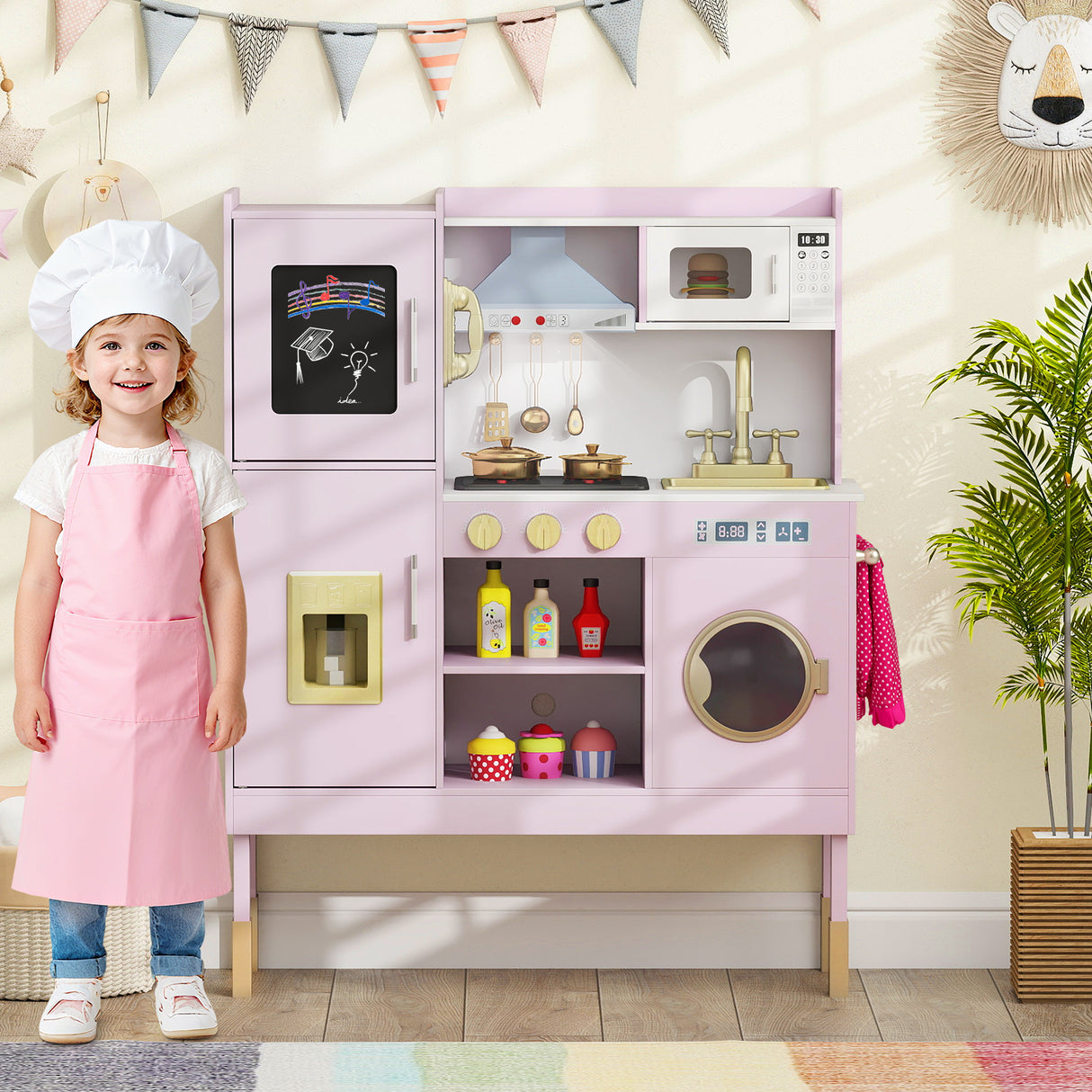 Pretend Play Kitchen Toy Kitchen Playset with Range Hood Ice Maker and Telephone-Light Pink