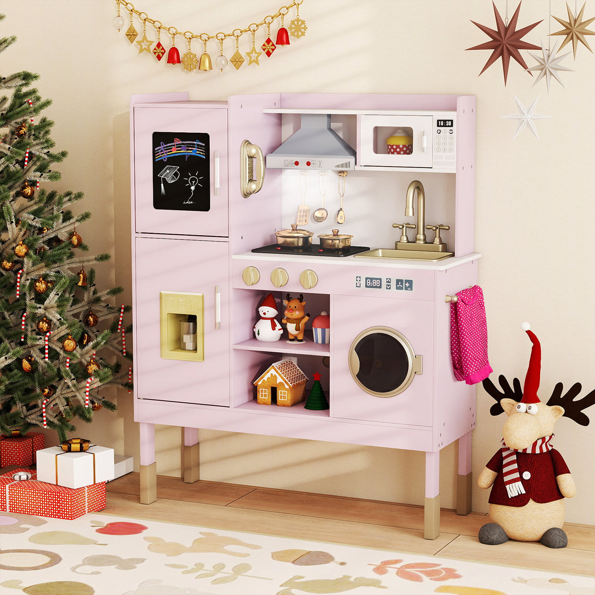 Pretend Play Kitchen Toy Kitchen Playset with Range Hood Ice Maker and Telephone-Light Pink