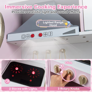 Pretend Play Kitchen Toy Kitchen Playset with Range Hood Ice Maker and Telephone-Light Pink