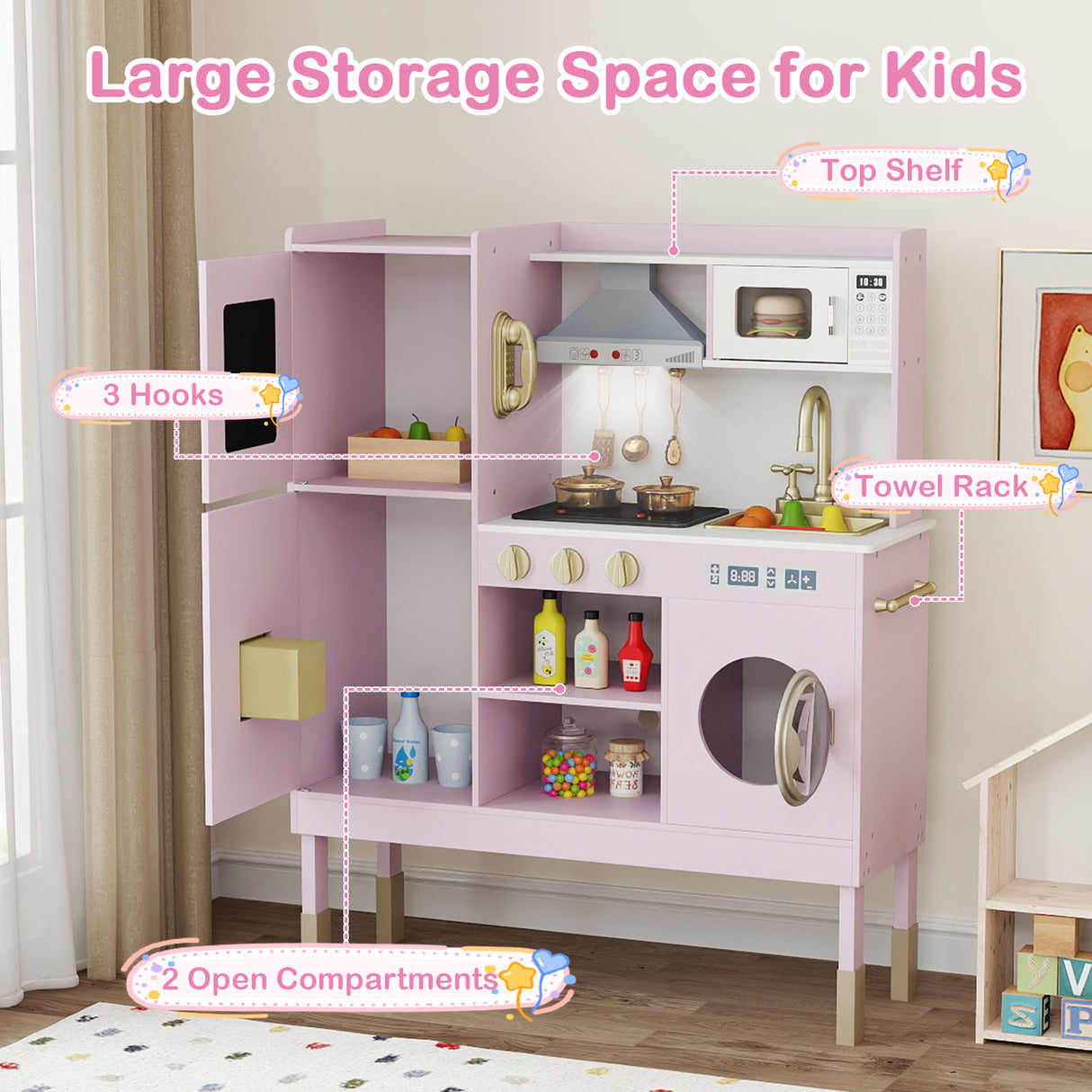Pretend Play Kitchen Toy Kitchen Playset with Range Hood Ice Maker and Telephone-Light Pink