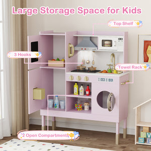 Pretend Play Kitchen Toy Kitchen Playset with Range Hood Ice Maker and Telephone-Light Pink