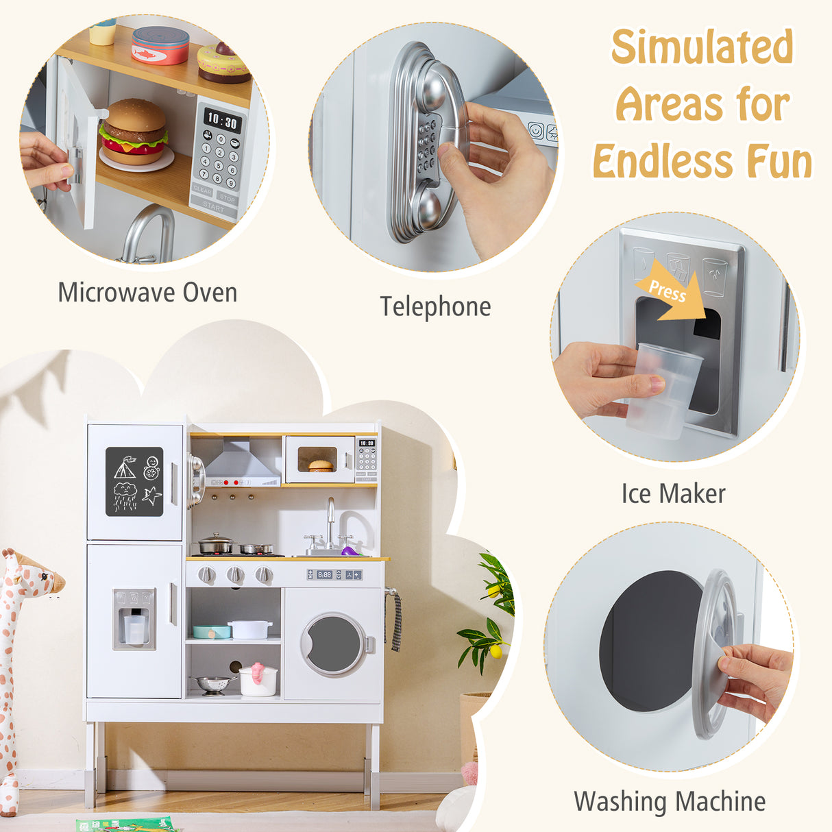 Pretend Play Kitchen Toy Kitchen Playset with Range Hood Ice Maker and Telephone-White
