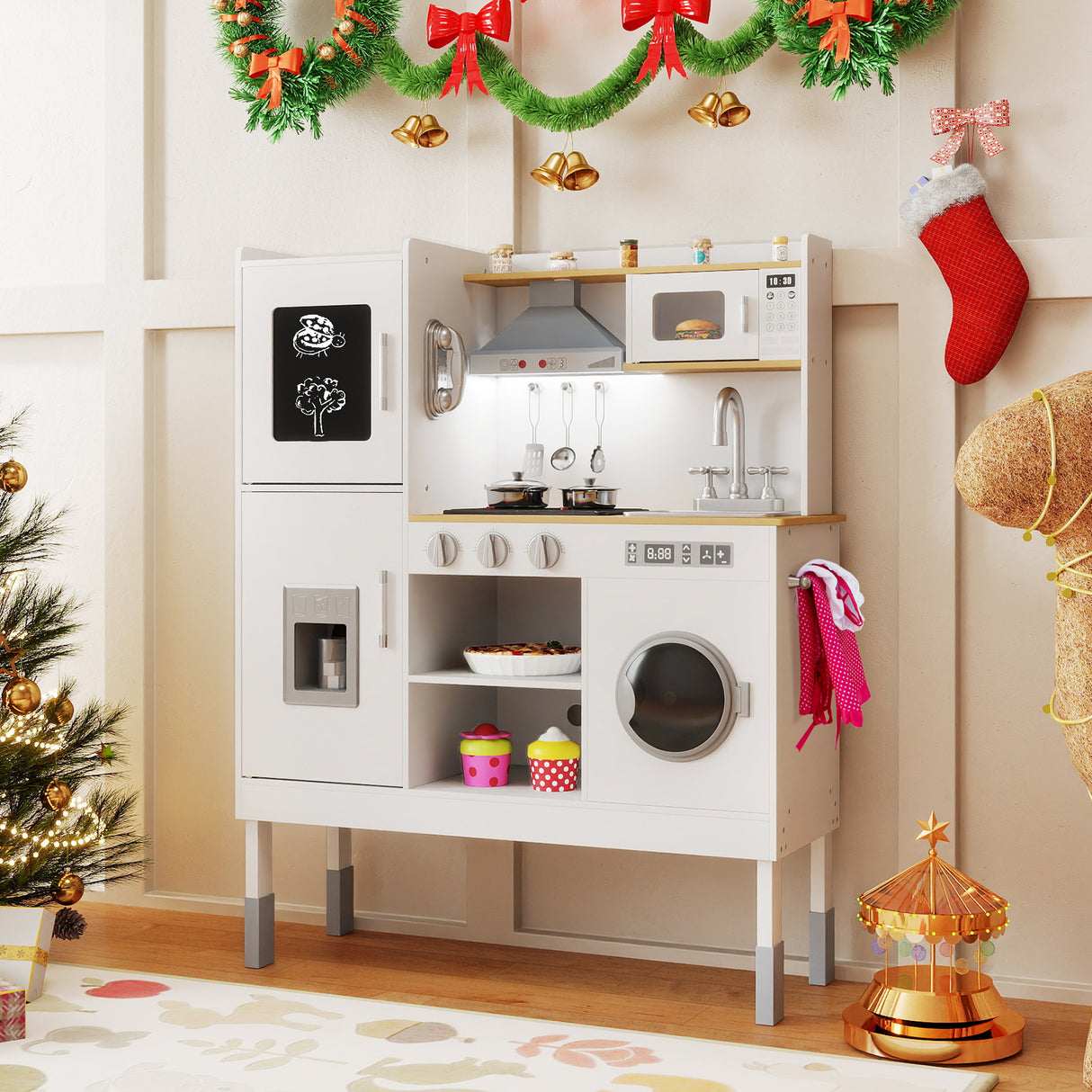 Pretend Play Kitchen Toy Kitchen Playset with Range Hood Ice Maker and Telephone-White