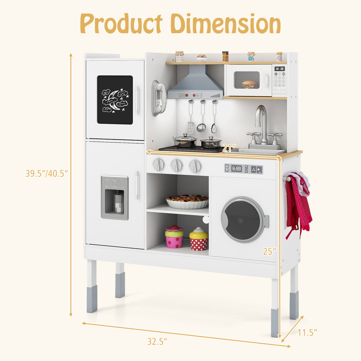 Pretend Play Kitchen Toy Kitchen Playset with Range Hood Ice Maker and Telephone-White