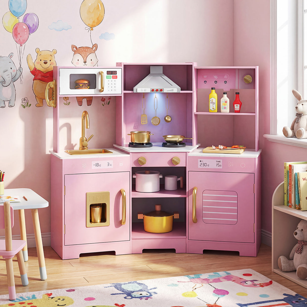 Pretend Play Kitchen Wooden Toy Set with Range Hood Real Sounds and Lights-Pink