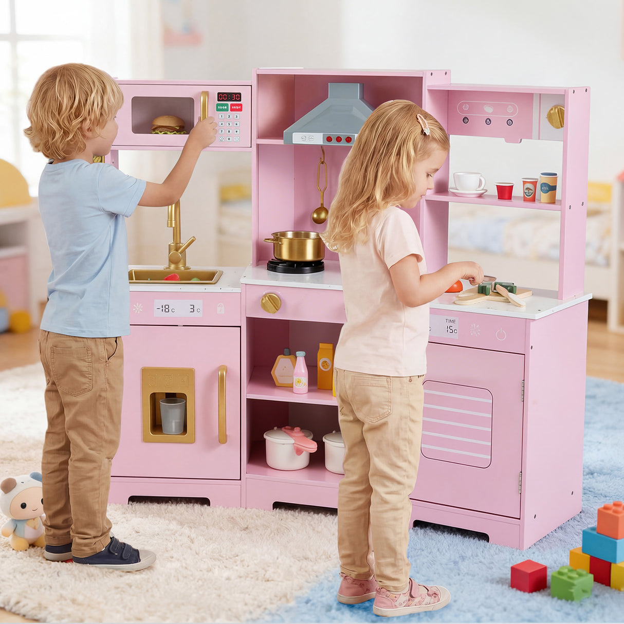 Pretend Play Kitchen Wooden Toy Set with Range Hood Real Sounds and Lights-Pink
