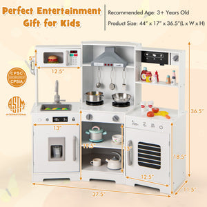 Pretend Play Kitchen Wooden Toy Set with Range Hood Real Sounds and Lights-White