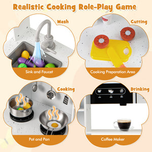 Pretend Play Kitchen Wooden Toy Set with Range Hood Real Sounds and Lights-White