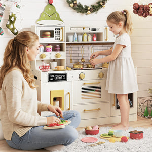 Pretend Toy Kitchen Set with Stoves and Water Dispenser-Beige