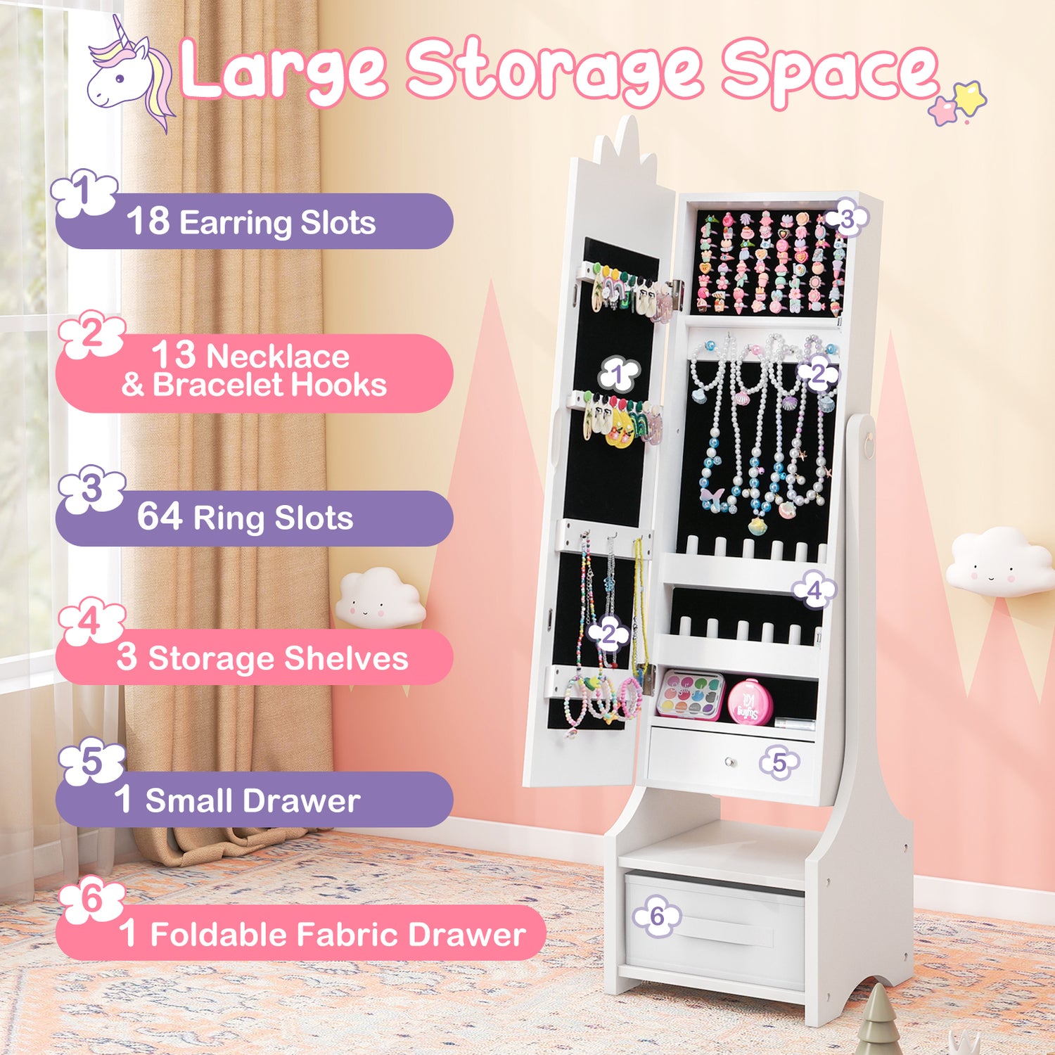 Kids Princess Vanity Table and Stool Set with Jewelry Cabinet and Mirror Drawer-Pink