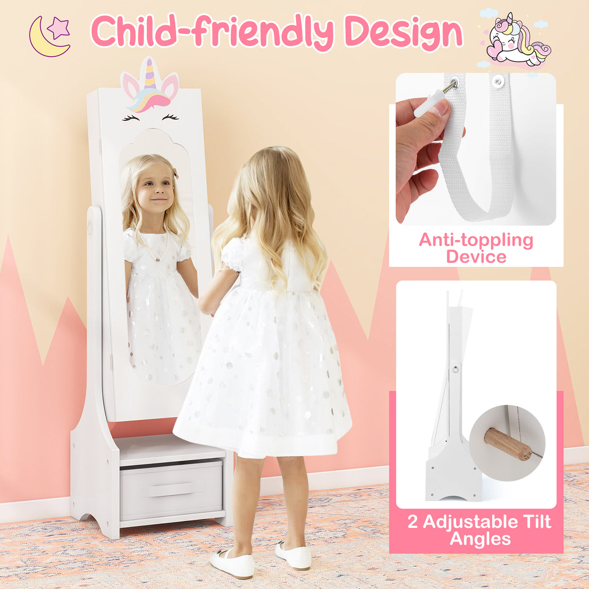 Kids Princess Vanity Table and Stool Set with Jewelry Cabinet and Mirror Drawer-Pink