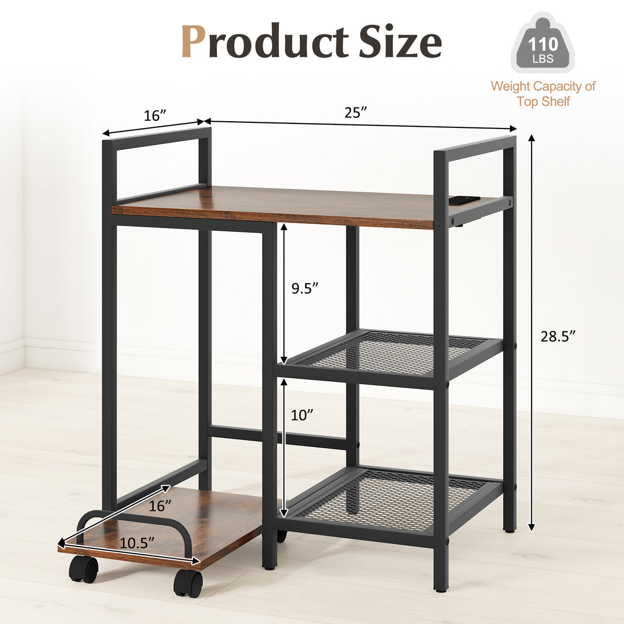 Printer Stand with Charging Station and Storage Shelves-Rustic Brown