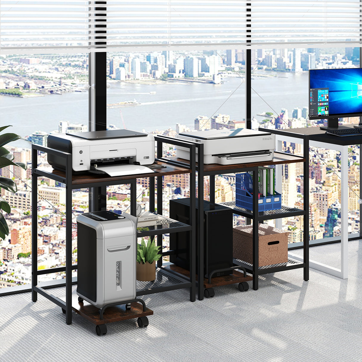 Printer Stand with Charging Station and Storage Shelves-Rustic Brown