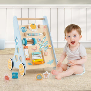 Wooden Baby Walker Push and Pull Learning Activity Center with Wheels-Blue