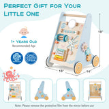 Wooden Baby Walker Push and Pull Learning Activity Center with Wheels-Blue