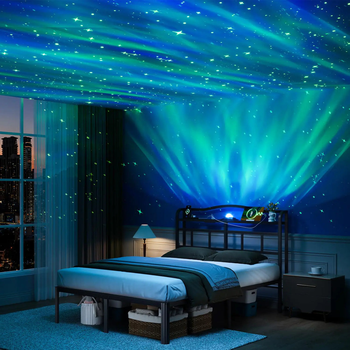 HAVONIZD Queen Size Bed Frame - Storage Headboard with Charging Station & Galaxy Aurora Projector 14 Inch Sturdy Metal Platform Bed Frame No Box Spring Needed Easy Assembly No Noise Black