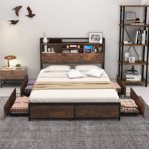 Full/Queen Size Bed Frame with Bookcase Headboard and 4 Storage Drawers-Queen Size