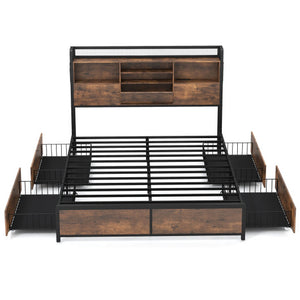 Full/Queen Size Bed Frame with Bookcase Headboard and 4 Storage Drawers-Queen Size