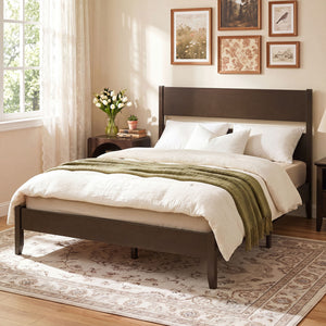 Queen Bed Frame with Headboard and Solid Wood Legs 12 Slats-Dark Walnut