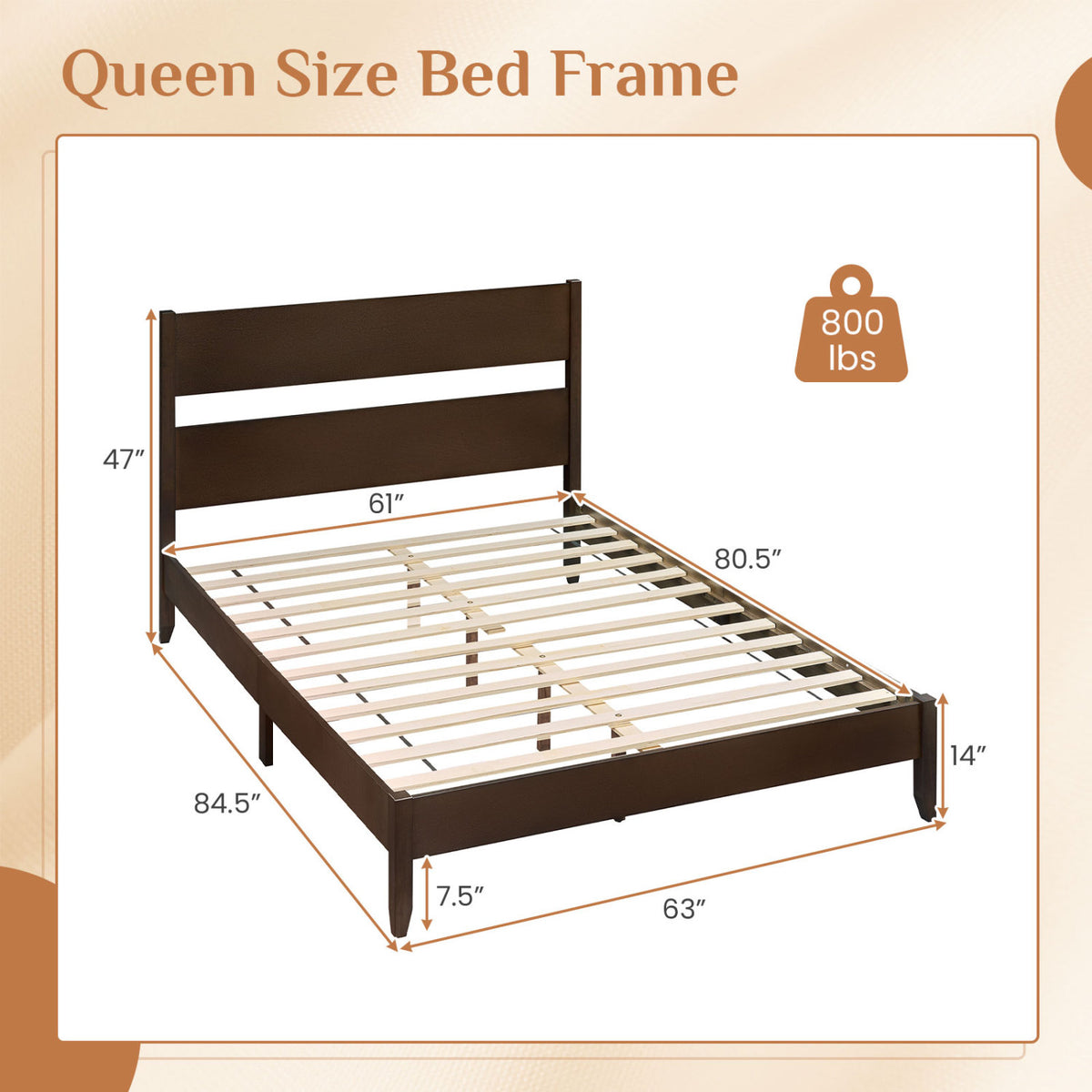 Queen Bed Frame with Headboard and Solid Wood Legs 12 Slats-Dark Walnut
