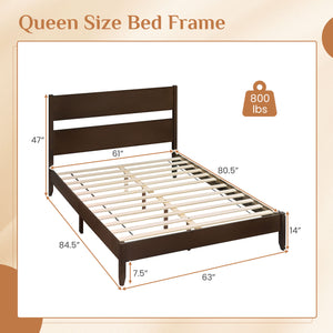 Queen Bed Frame with Headboard and Solid Wood Legs 12 Slats-Dark Walnut