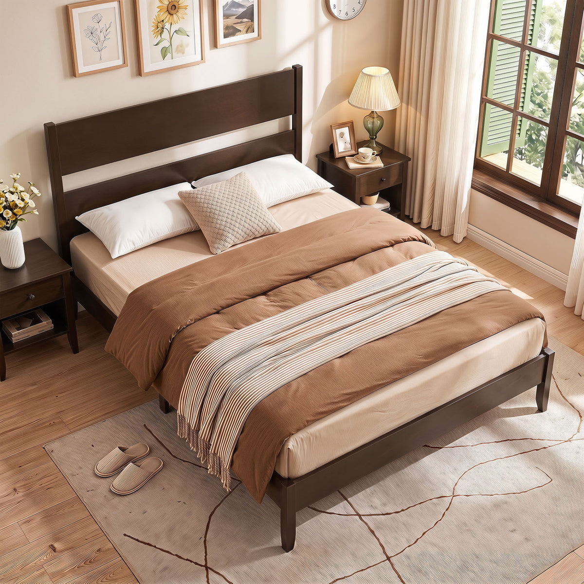 Queen Bed Frame with Headboard and Solid Wood Legs 12 Slats-Dark Walnut