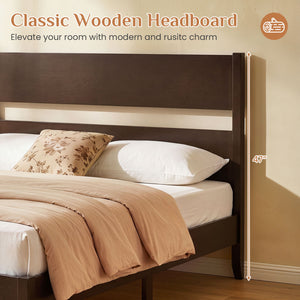 Queen Bed Frame with Headboard and Solid Wood Legs 12 Slats-Dark Walnut